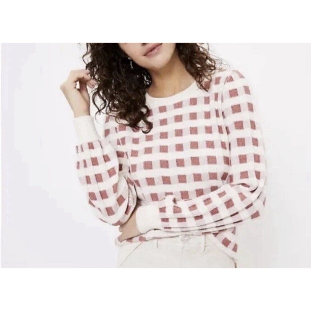 Loft Cream Rust Gingham Check Plaid Crewneck Sweater Top Size Small